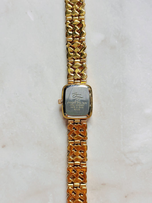 Suzanne Somers Quartz Watch – Gold Dial with Pink Crystal Bezel & Multicolor Gem Bracelet (WR 30M)
