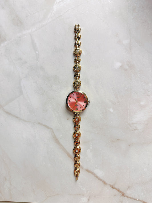 Jesou Quartz Watch – Pink Sunburst Dial with Gold-Tone Crystal Bracelet (WR 30M)