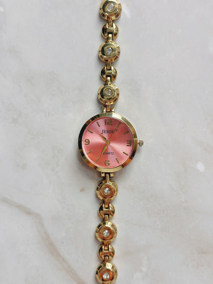 Jesou Quartz Watch – Pink Sunburst Dial with Gold-Tone Crystal Bracelet (WR 30M)