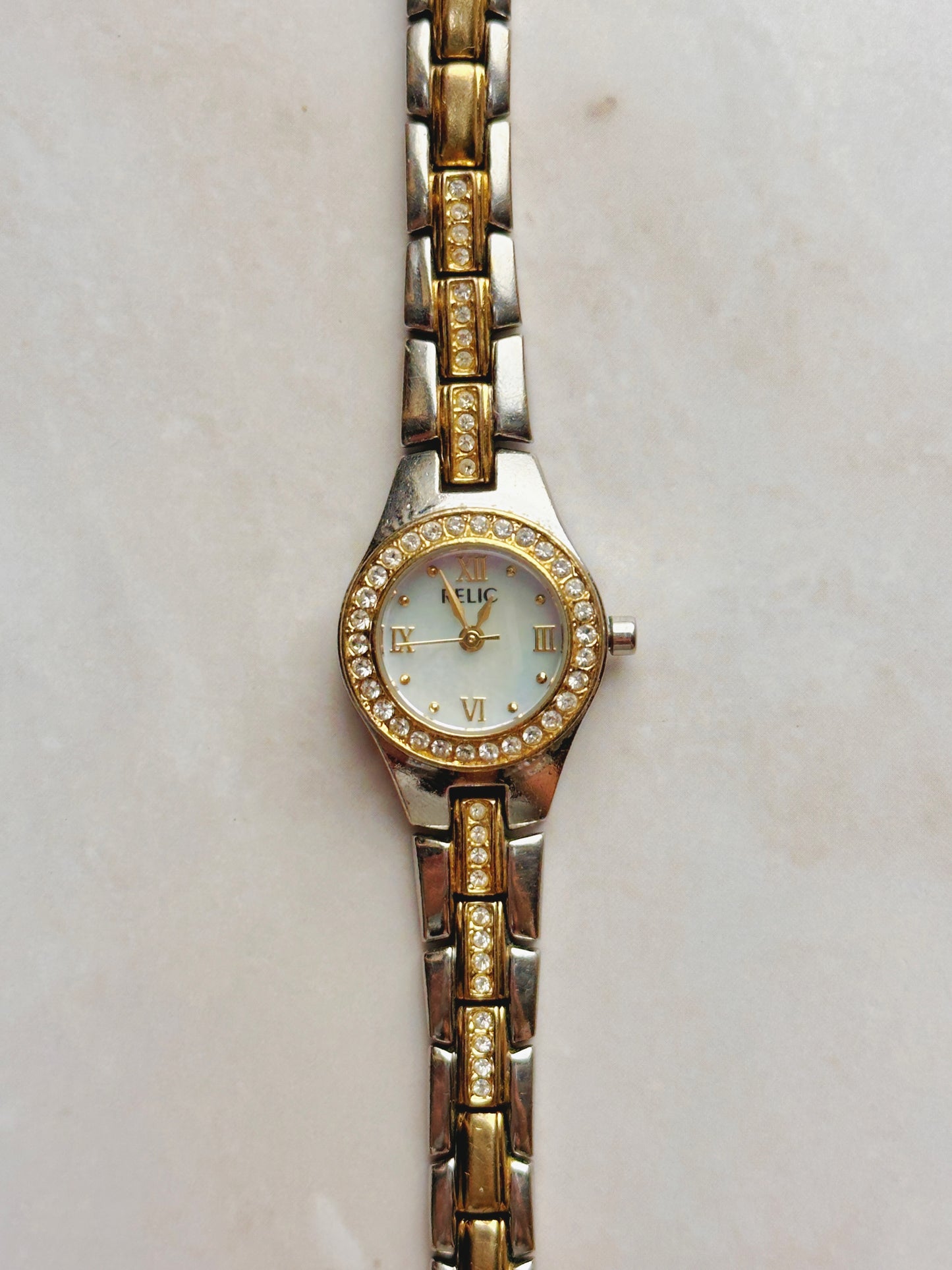 Relic Two-Tone Women’s Watch – Crystal Bezel – Mother of Pearl Dial – Quartz