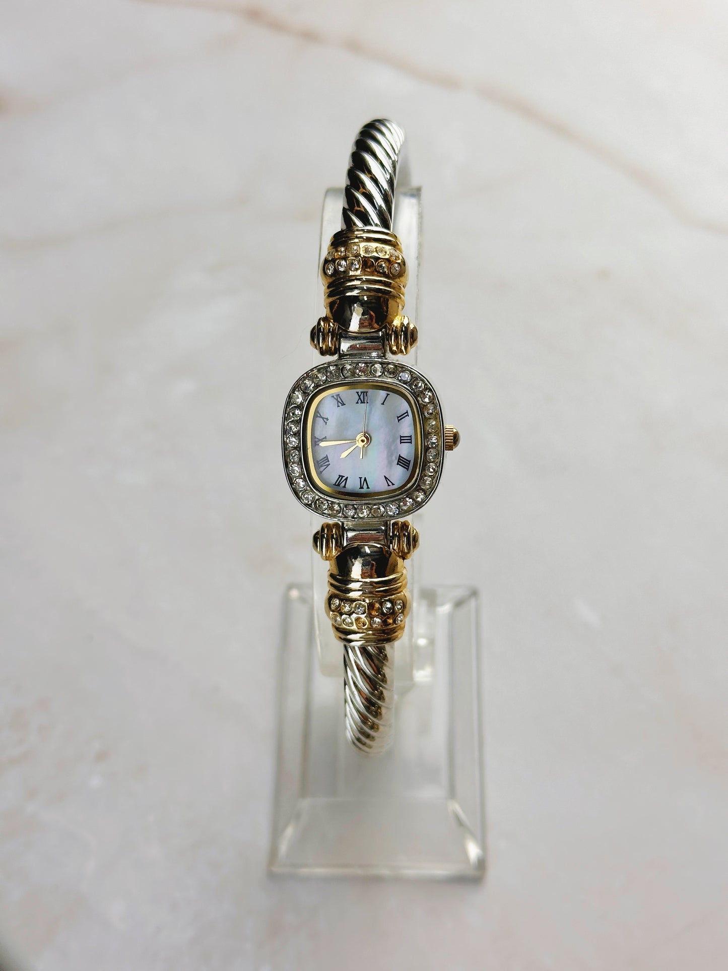 Elegant Two-Tone Women’s Bangle Watch – Mother of Pearl Dial – Crystal Bezel – Quartz
