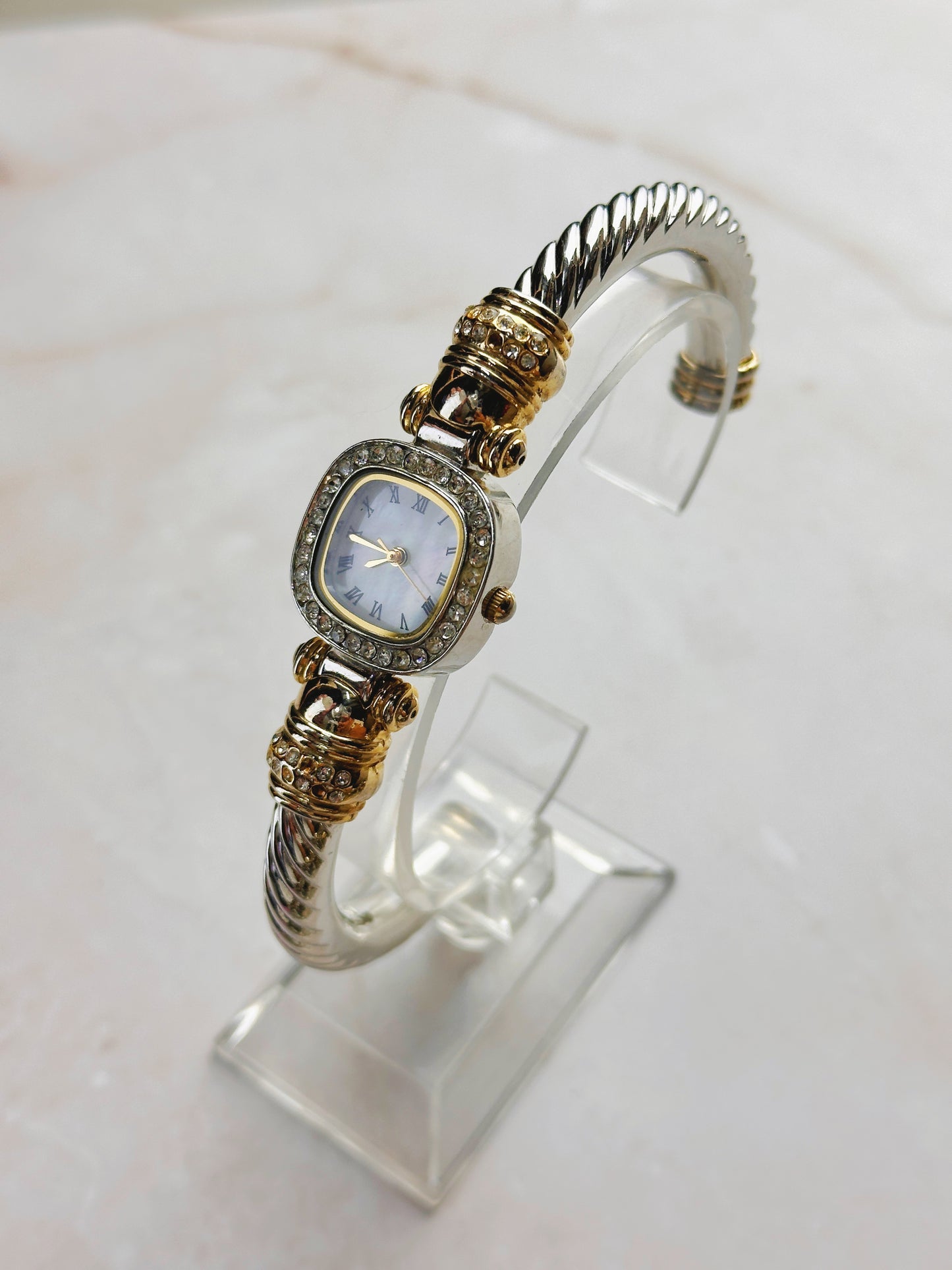 Elegant Two-Tone Women’s Bangle Watch – Mother of Pearl Dial – Crystal Bezel – Quartz