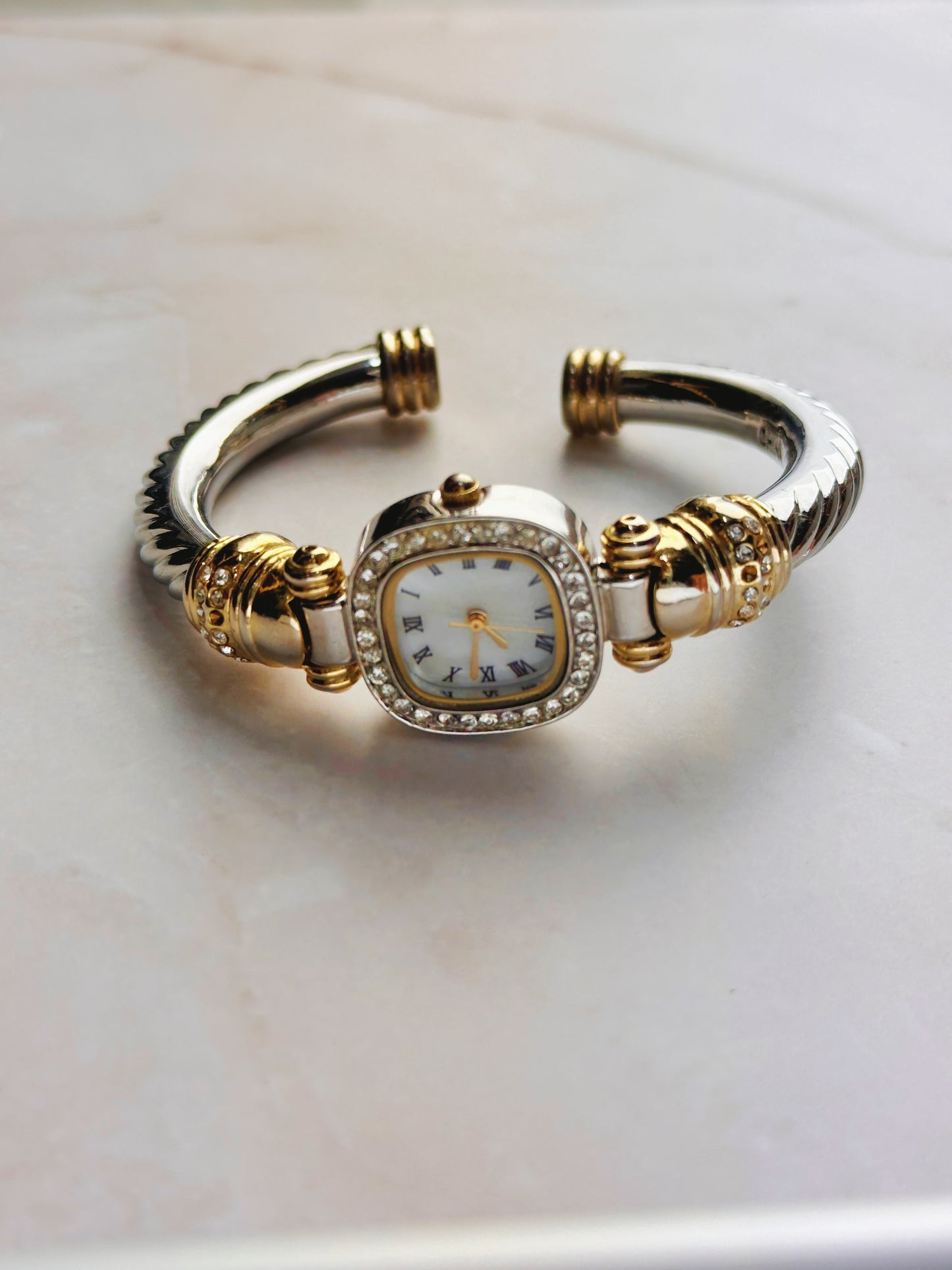 Elegant Two-Tone Women’s Bangle Watch – Mother of Pearl Dial – Crystal Bezel – Quartz