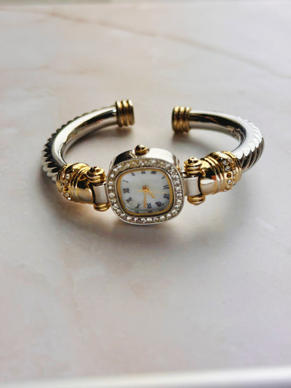 Elegant Two-Tone Women’s Bangle Watch – Mother of Pearl Dial – Crystal Bezel – Quartz