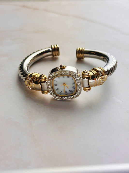 Elegant Two-Tone Women’s Bangle Watch – Mother of Pearl Dial – Crystal Bezel – Quartz