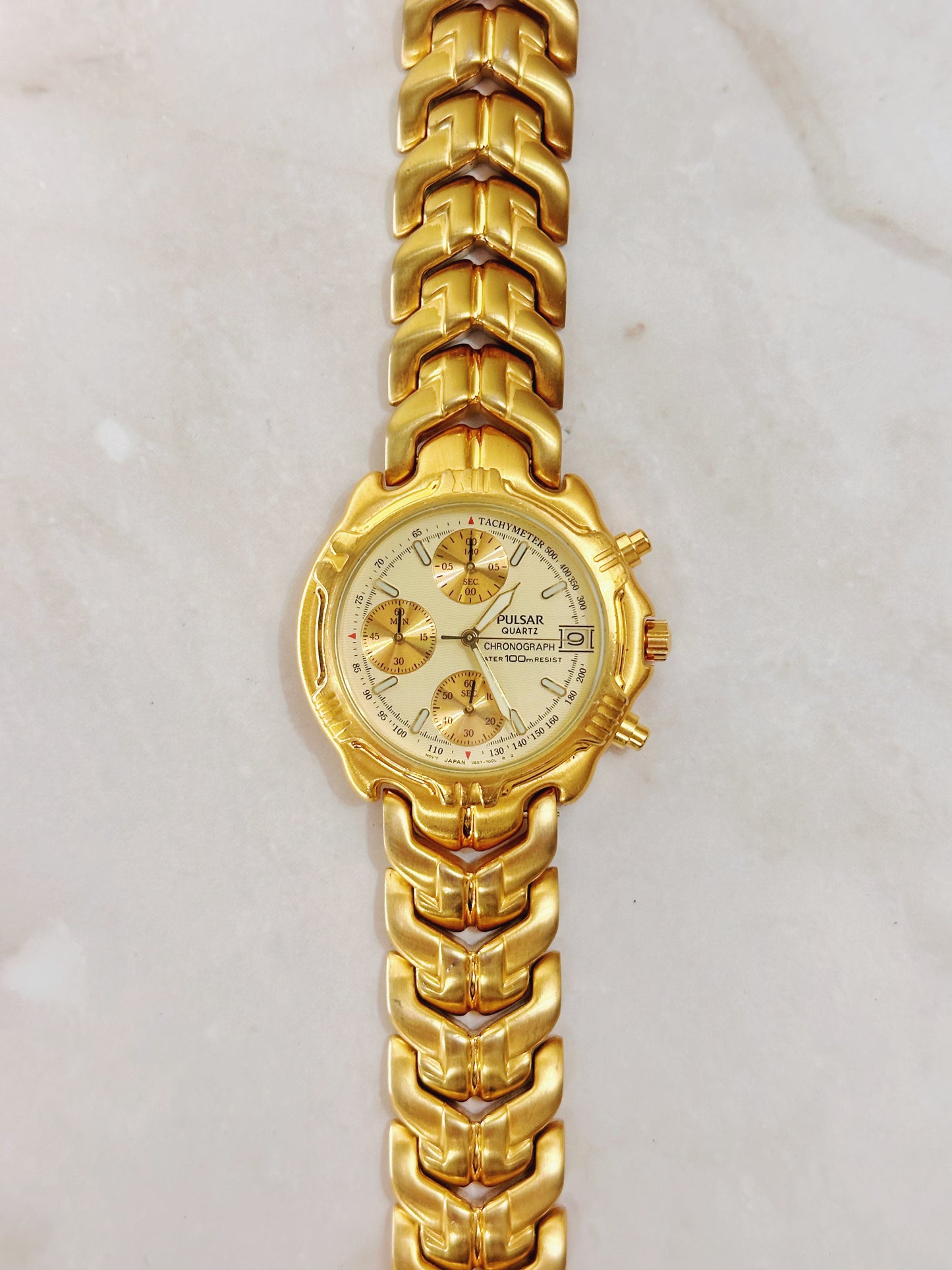 Pulsar Men’s Gold-Tone Chronograph Watch – Tachymeter – 100M Water Resist – Quartz