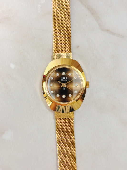 Seiko Electra Gold-Tone Automatic Watch – Date Display – Diamond Markers – Vintage Style