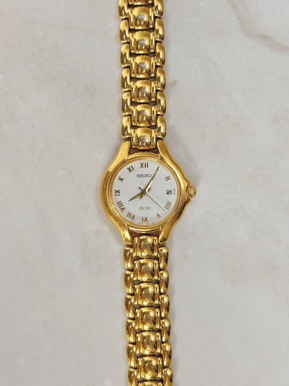 Seiko SQ50 Gold-Tone Date Watch – Roman Numerals – Quartz