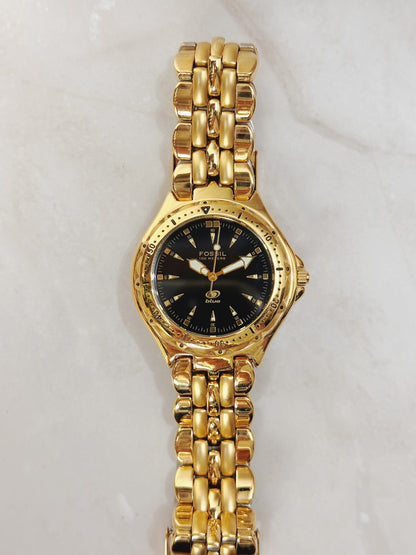 Fossil Blue Men's 100M Round Gold-Tone Diver Watch – Black Dial – Rotating Bezel – Quartz