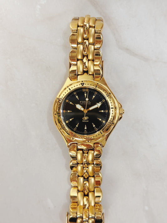 Fossil Blue Men's 100M Round Gold-Tone Diver Watch – Black Dial – Rotating Bezel – Quartz
