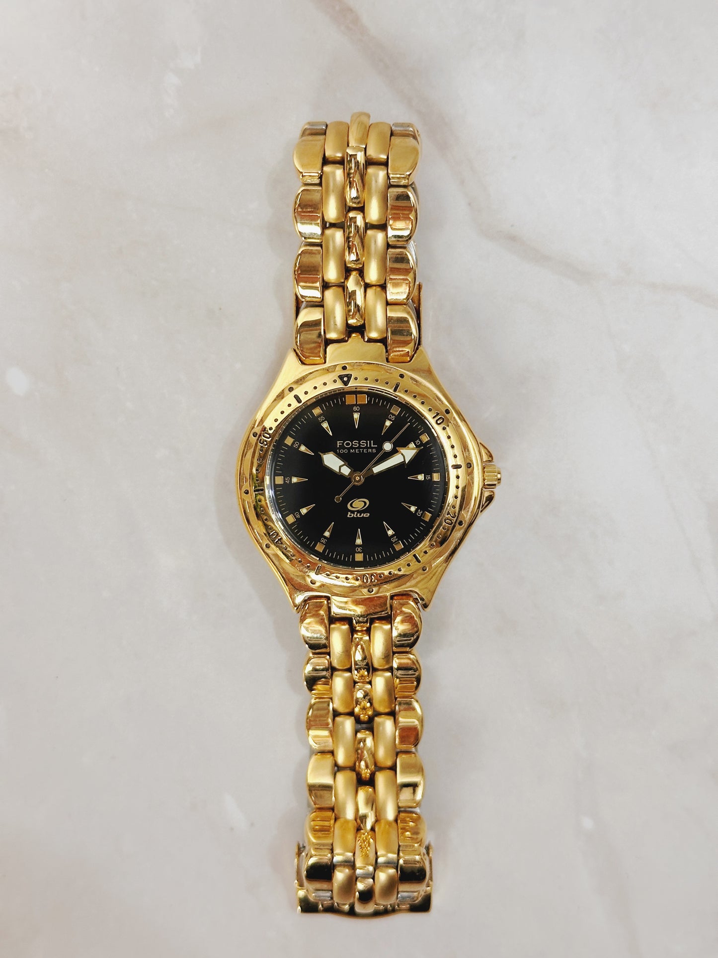 Fossil Blue Men's 100M Round Gold-Tone Diver Watch – Black Dial – Rotating Bezel – Quartz