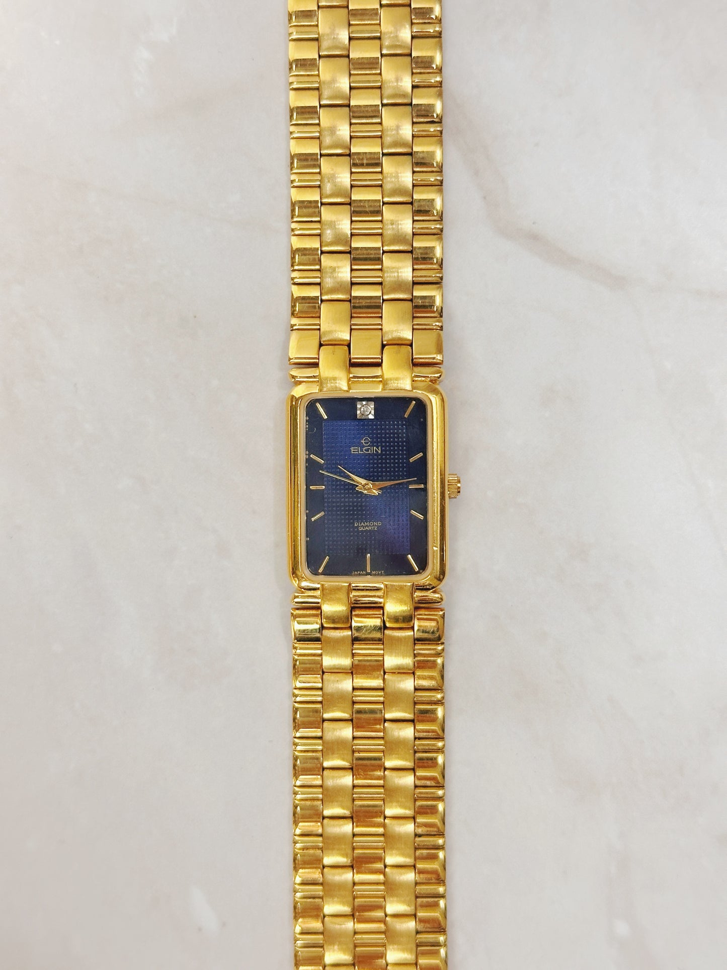 Elgin Diamond Rectangular Gold-Tone Watch – Blue Dial – Petite Dress Style – Quartz