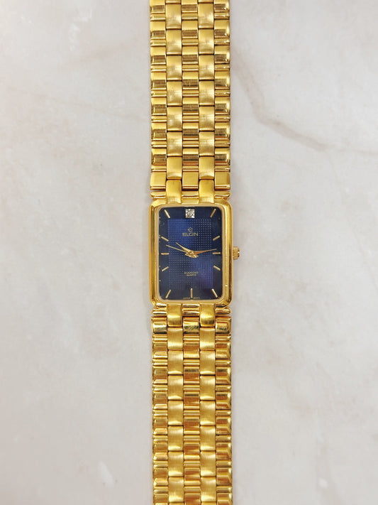 Elgin Diamond Rectangular Gold-Tone Watch – Blue Dial – Petite Dress Style – Quartz