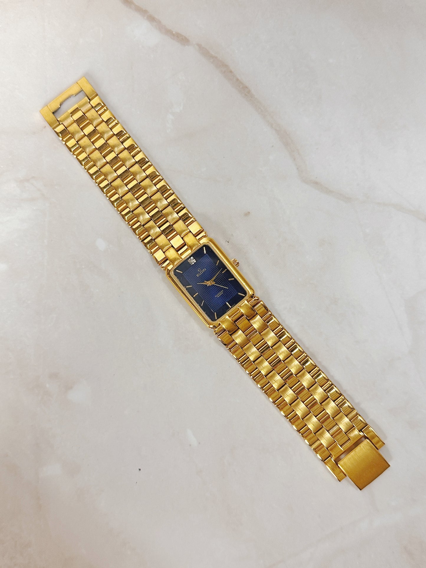 Elgin Diamond Rectangular Gold-Tone Watch – Blue Dial – Petite Dress Style – Quartz