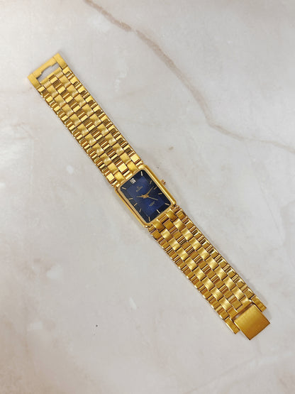 Elgin Diamond Rectangular Gold-Tone Watch – Blue Dial – Petite Dress Style – Quartz