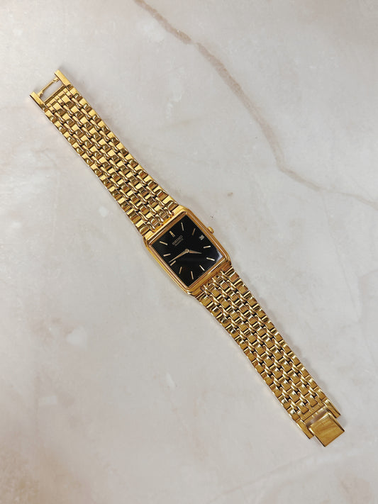 Seiko Rectangular Gold-Tone Watch – Black Dial – Date Window – Classic Dress Style – Quartz