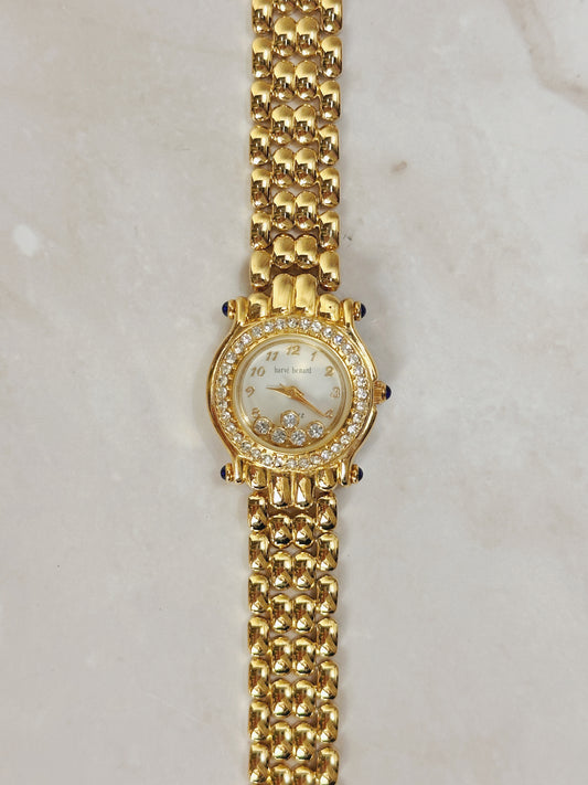 Hervé Bernard Petite Round Gold-Tone Watch – Crystal Bezel & Dial Accents – Elegant Dress Style – Quartz