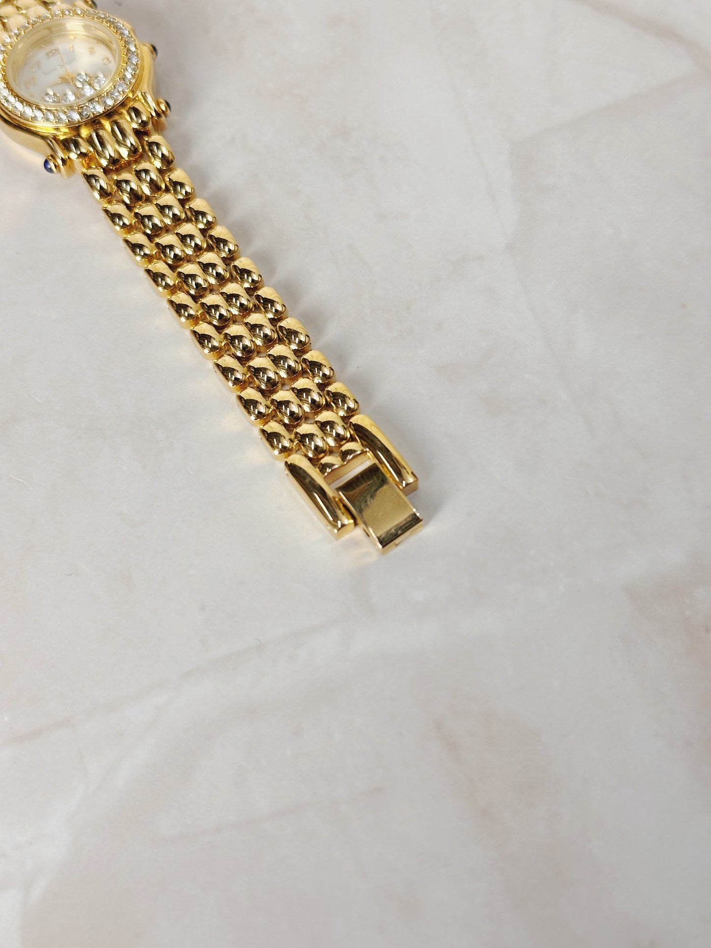 Hervé Bernard Petite Round Gold-Tone Watch – Crystal Bezel & Dial Accents – Elegant Dress Style – Quartz