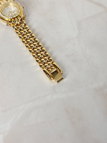 Hervé Bernard Petite Round Gold-Tone Watch – Crystal Bezel & Dial Accents – Elegant Dress Style – Quartz