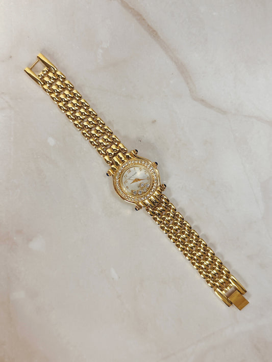 Hervé Bernard Petite Round Gold-Tone Watch – Crystal Bezel & Dial Accents – Elegant Dress Style – Quartz