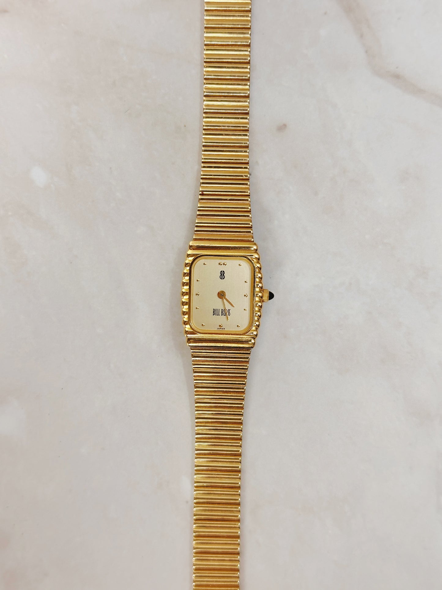 Bill Blass Petite Rectangular Gold-Tone Watch – Slim Stretch Bracelet – Minimalist Dress Style – Quartz
