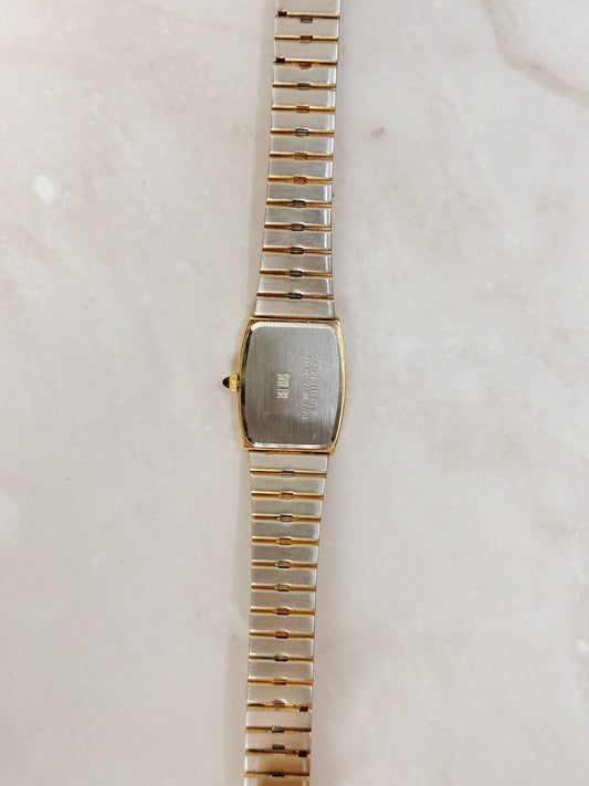 Bill Blass Petite Rectangular Gold-Tone Watch – Slim Stretch Bracelet – Minimalist Dress Style – Quartz