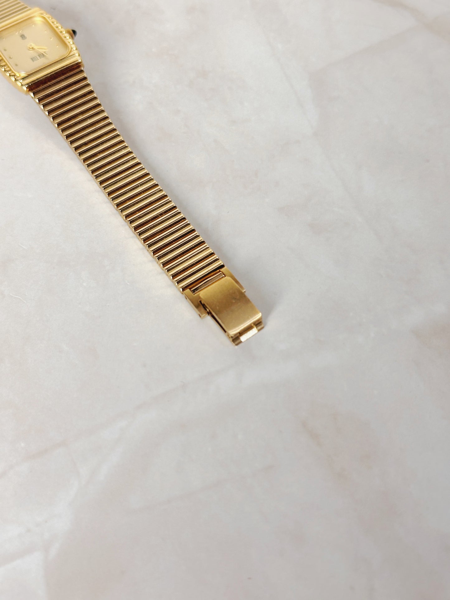 Bill Blass Petite Rectangular Gold-Tone Watch – Slim Stretch Bracelet – Minimalist Dress Style – Quartz