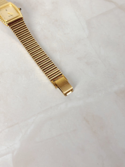 Bill Blass Petite Rectangular Gold-Tone Watch – Slim Stretch Bracelet – Minimalist Dress Style – Quartz