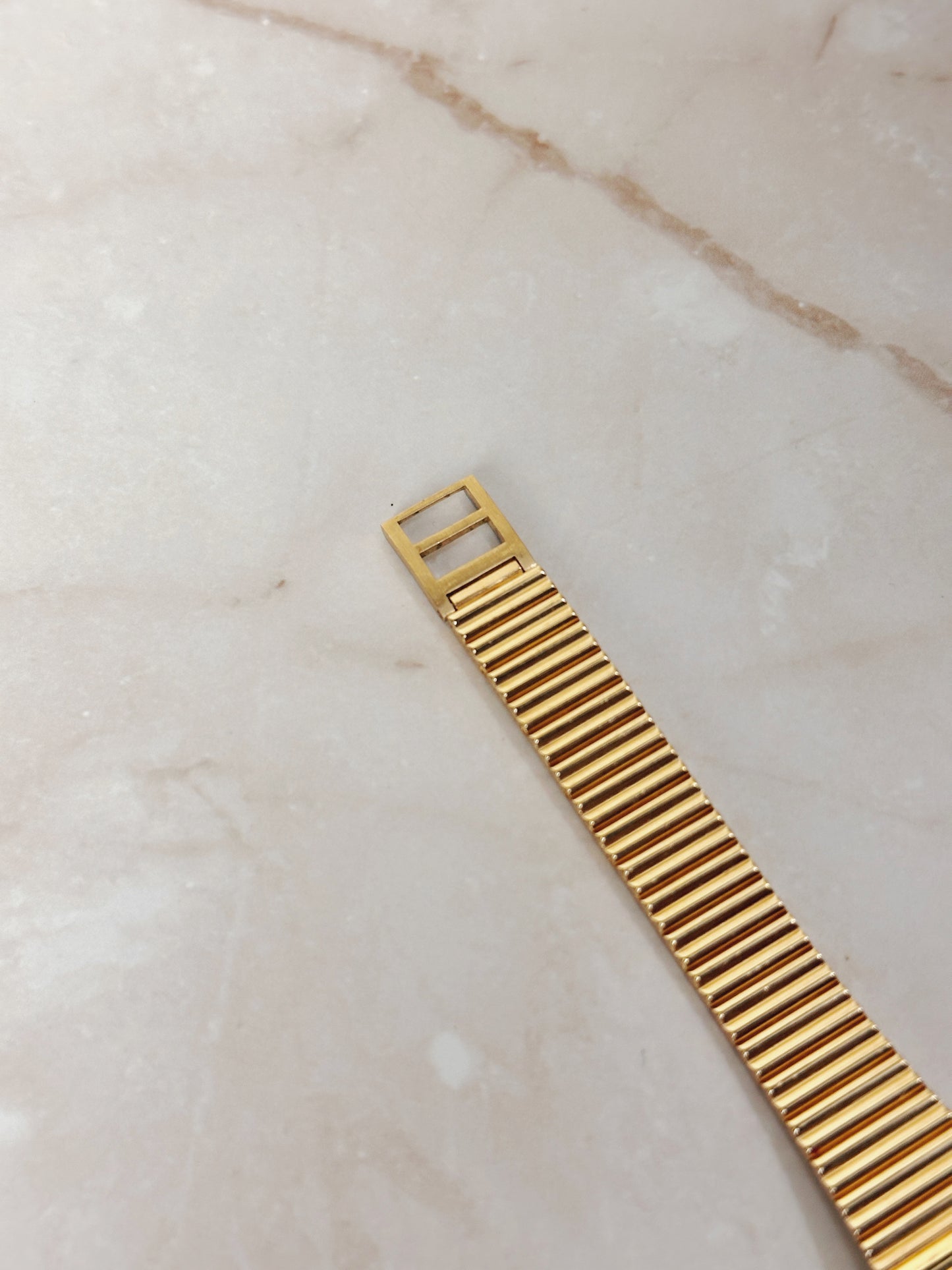 Bill Blass Petite Rectangular Gold-Tone Watch – Slim Stretch Bracelet – Minimalist Dress Style – Quartz