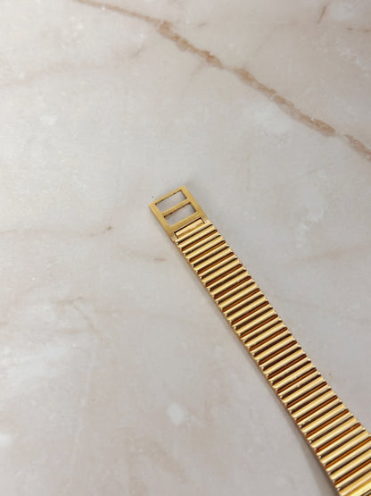 Bill Blass Petite Rectangular Gold-Tone Watch – Slim Stretch Bracelet – Minimalist Dress Style – Quartz