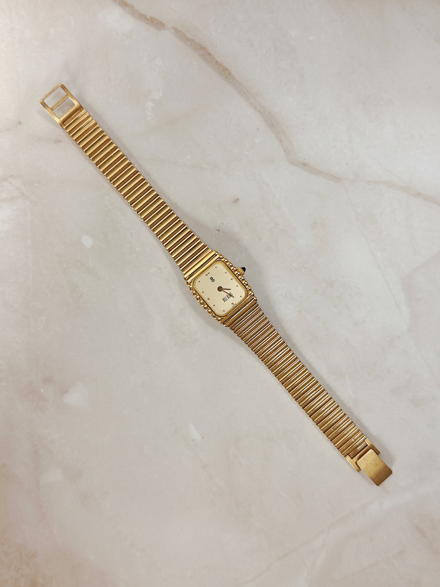 Bill Blass Petite Rectangular Gold-Tone Watch – Slim Stretch Bracelet – Minimalist Dress Style – Quartz