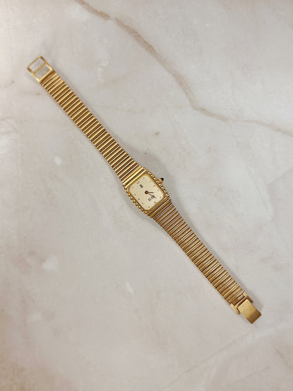 Bill Blass Petite Rectangular Gold-Tone Watch – Slim Stretch Bracelet – Minimalist Dress Style – Quartz