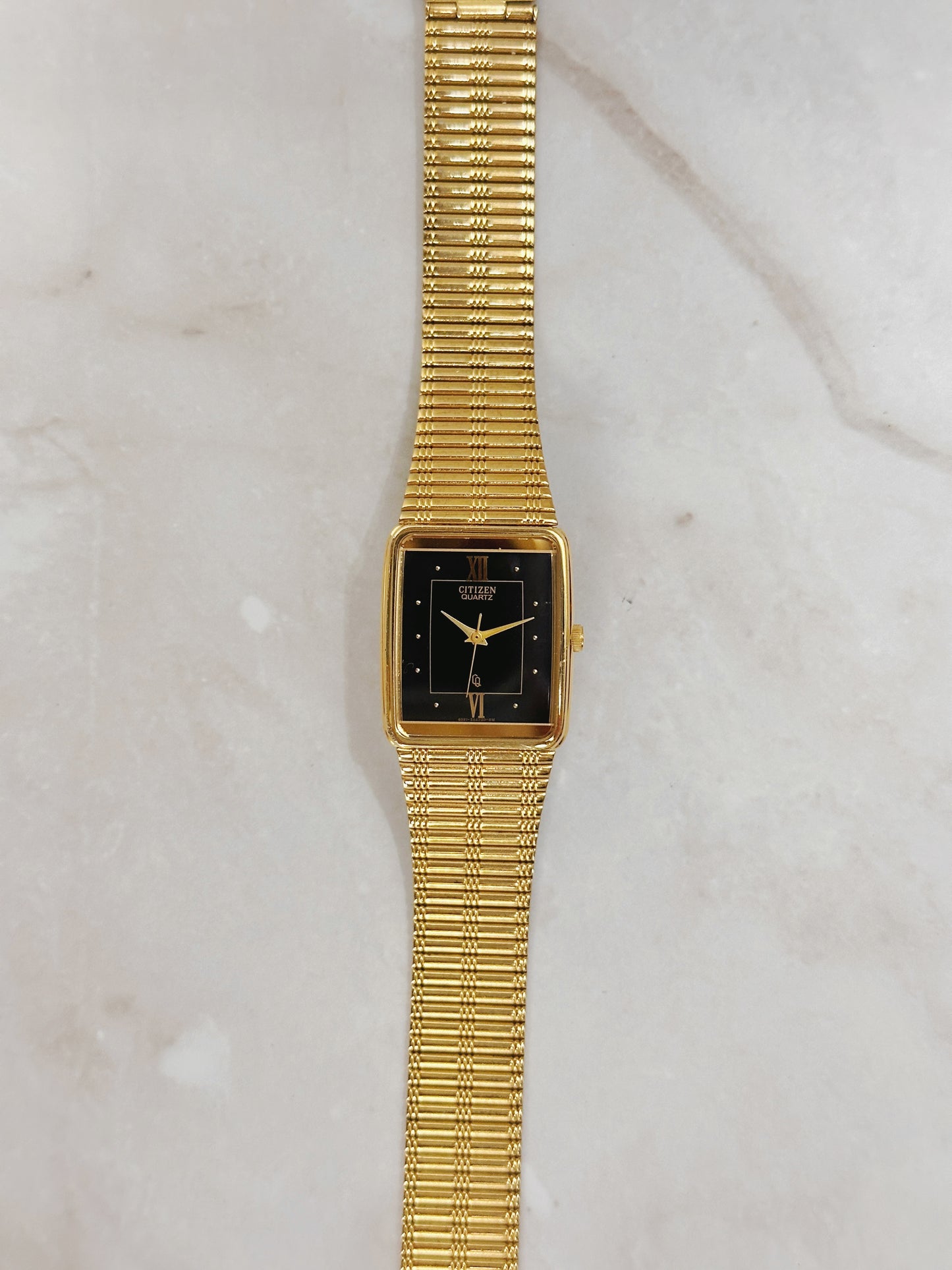 Citizen Petite Rectangular Gold-Tone Watch – Black Dial Roman Numerals – Slim Textured Bracelet – Quartz