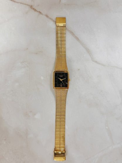 Citizen Petite Rectangular Gold-Tone Watch – Black Dial Roman Numerals – Slim Textured Bracelet – Quartz