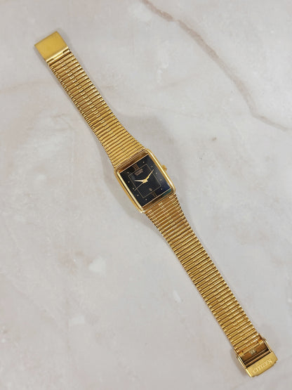 Citizen Petite Rectangular Gold-Tone Watch – Black Dial Roman Numerals – Slim Textured Bracelet – Quartz