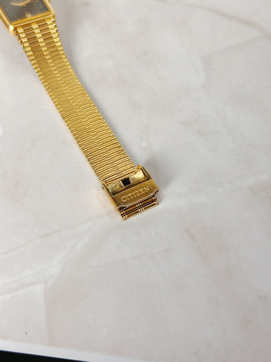 Citizen Petite Rectangular Gold-Tone Watch – Black Dial Roman Numerals – Slim Textured Bracelet – Quartz