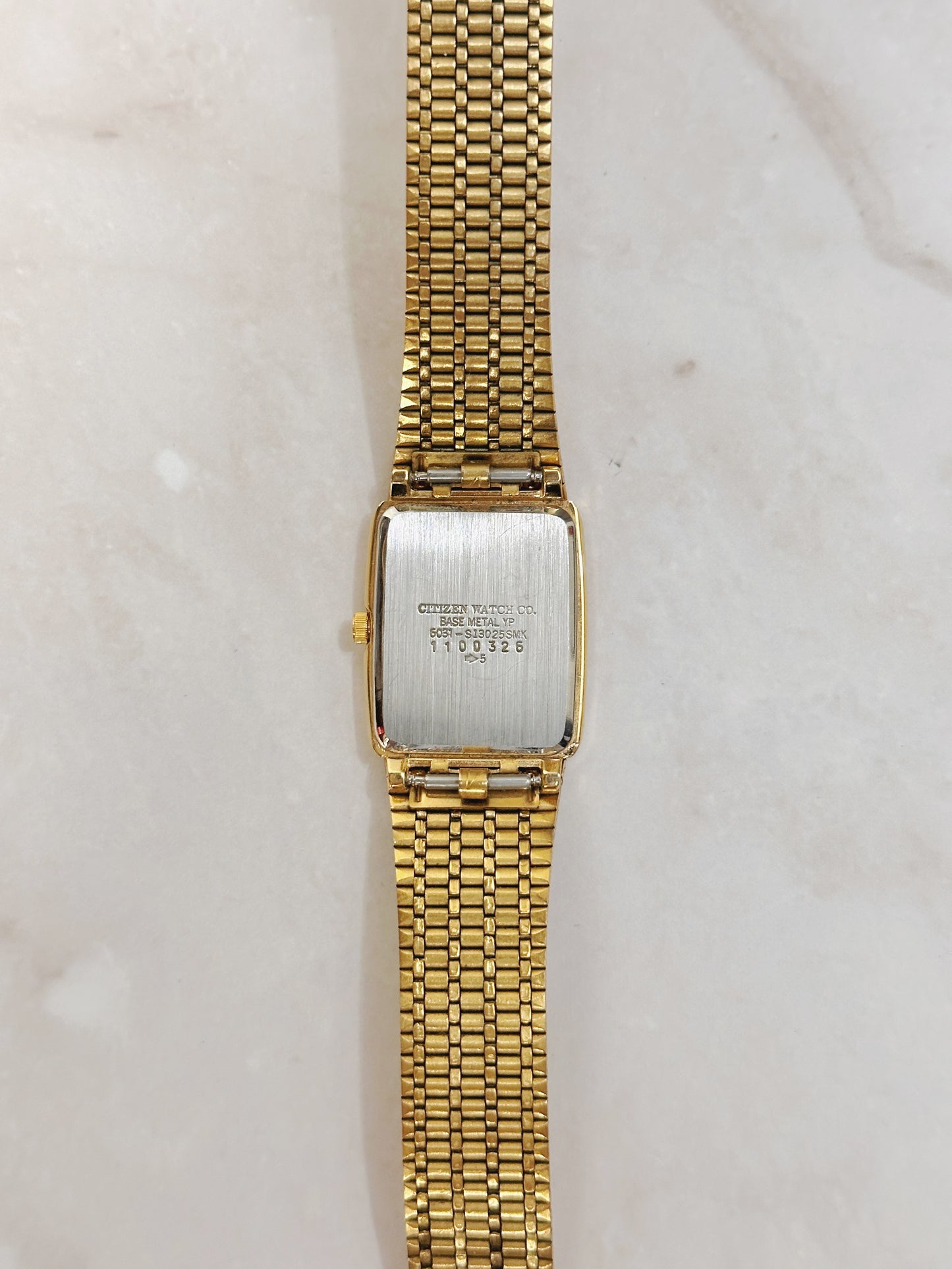 Citizen Petite Rectangular Gold-Tone Watch – Black Dial Roman Numerals – Slim Textured Bracelet – Quartz