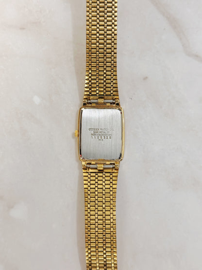 Citizen Petite Rectangular Gold-Tone Watch – Black Dial Roman Numerals – Slim Textured Bracelet – Quartz