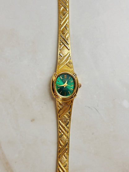 Elgin Gold-Tone Ladies Watch – Green Dial – Quartz – Vintage Dress Style