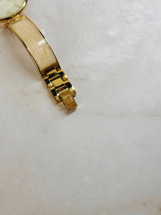 Anne Klein Gold-Tone Watch – Cream Dial – Resin Link Bracelet – Quartz Ladies