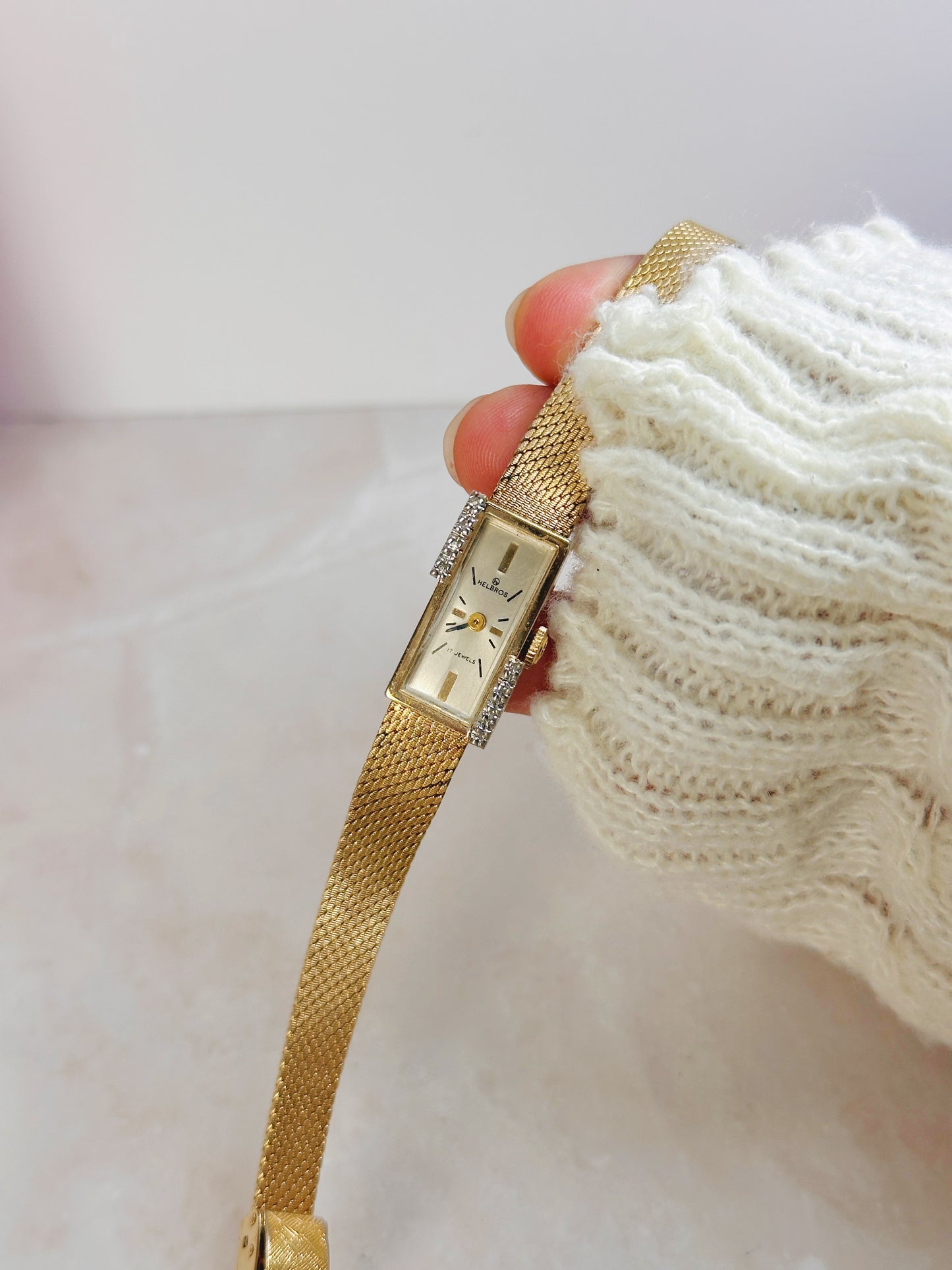 Helbros Gold-Tone Rectangular Watch – Manual Wind – Vintage Ladies – Crystal Accents