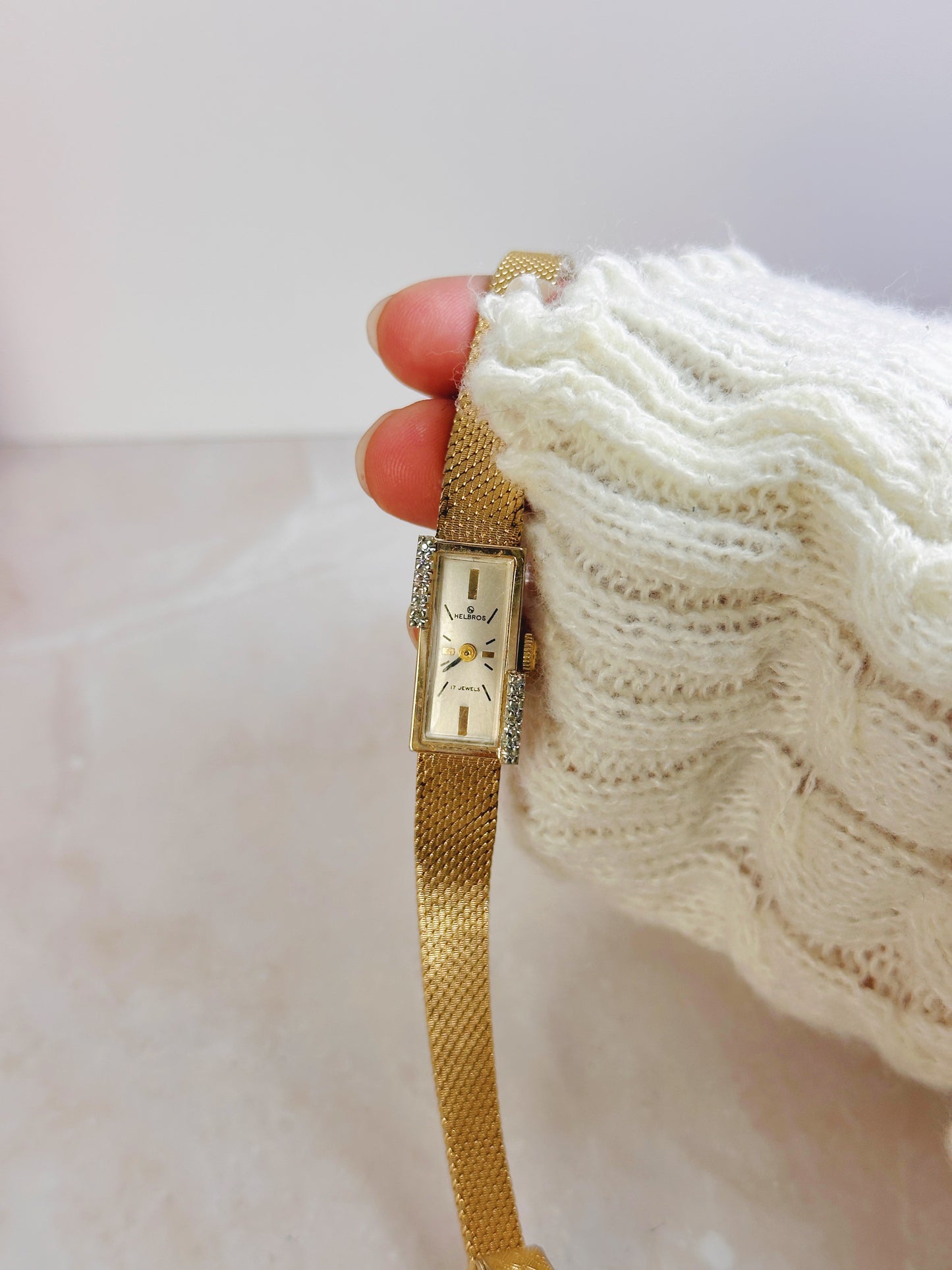 Helbros Gold-Tone Rectangular Watch – Manual Wind – Vintage Ladies – Crystal Accents