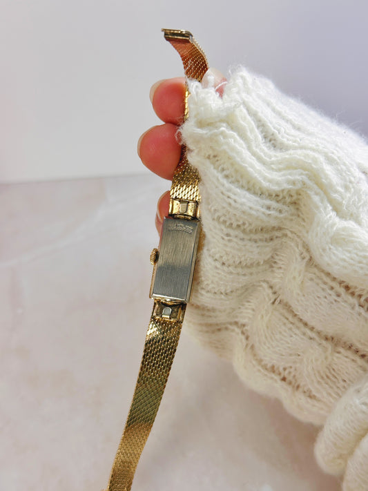 Helbros Gold-Tone Rectangular Watch – Manual Wind – Vintage Ladies – Crystal Accents
