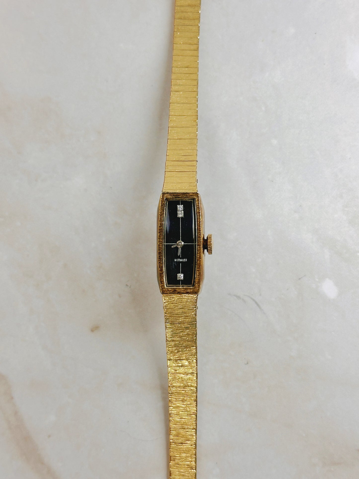 Wittnauer Gold-Tone Rectangular Watch – Black Dial – Manual Wind – Vintage Ladies