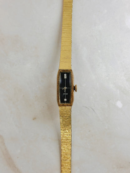 Wittnauer Gold-Tone Rectangular Watch – Black Dial – Manual Wind – Vintage Ladies