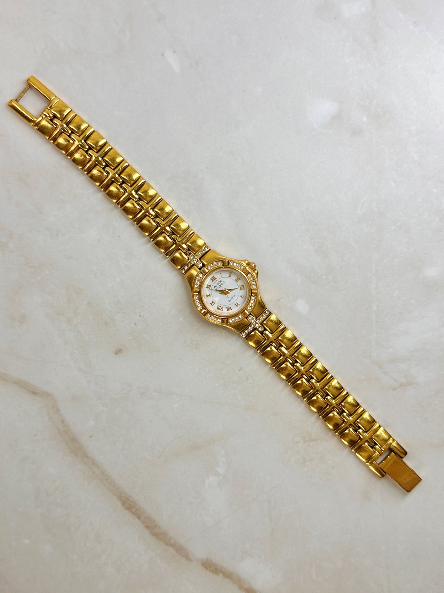 Anne Klein Gold-Tone Crystal Bezel Watch – Roman Numerals – Quartz – Elegant Ladies