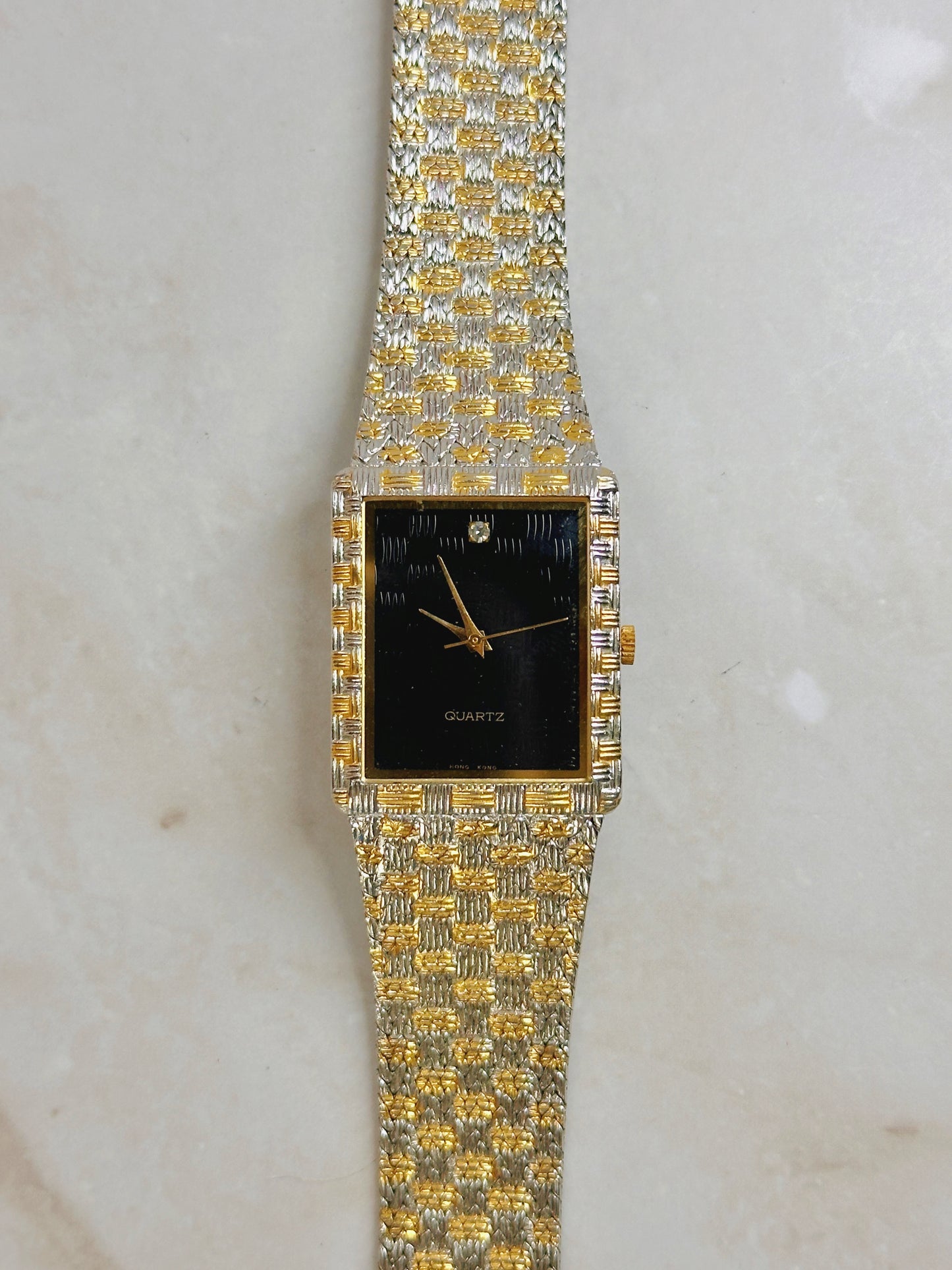 Two-Tone Gold & Silver Dress Watch – Black Dial – Quartz – Square Case Vintage Style