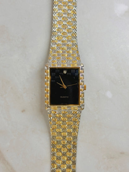 Two-Tone Gold & Silver Dress Watch – Black Dial – Quartz – Square Case Vintage Style