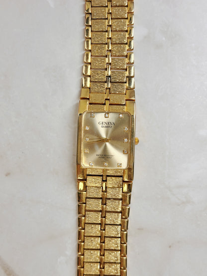 Geneva Petite Square Gold-Tone Watch – Crystal Markers – Textured Bracelet – Water Resistant
