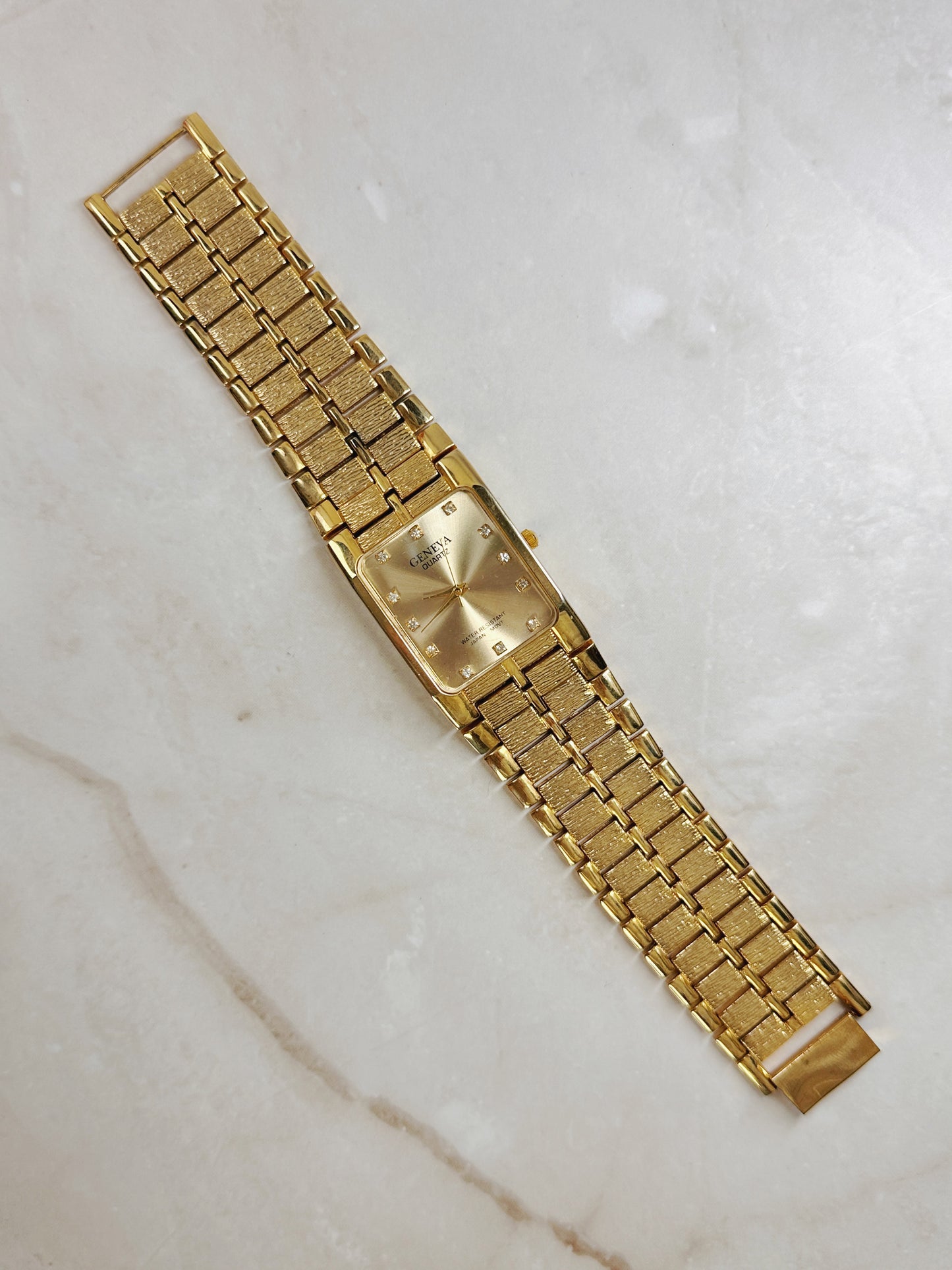 Geneva Petite Square Gold-Tone Watch – Crystal Markers – Textured Bracelet – Water Resistant